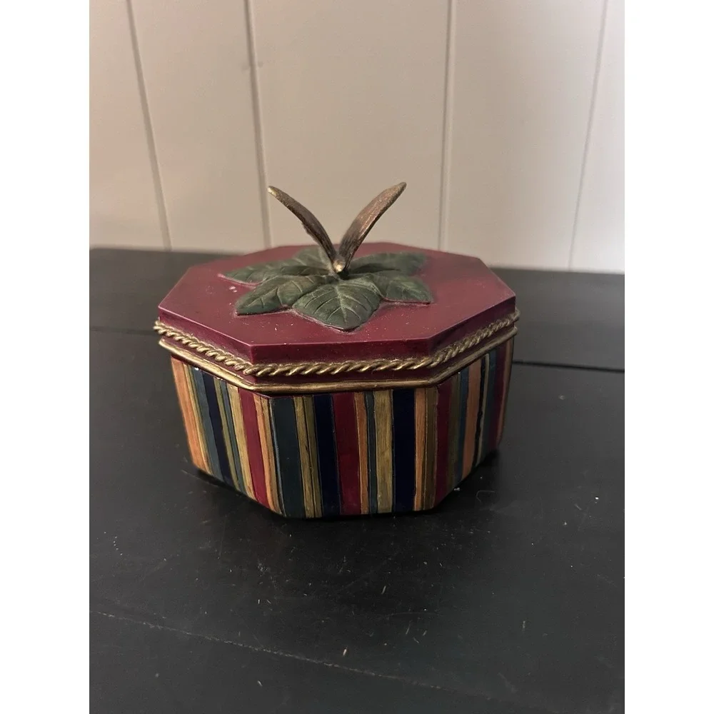 Decorative Hand Painted Butterfly Trinket Box Red Multicolor Striped Gold Trim